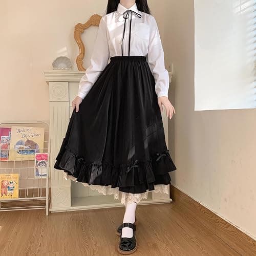 Manniduole Women's Cute High Waist Maxi Skirt - Renaissance, Ruffle, Flowing Long Victorian Skirt thumbnail 3