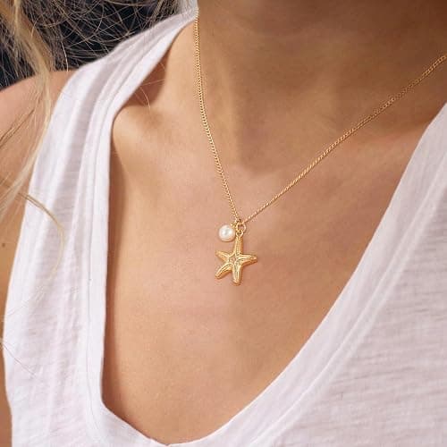 MTMY Gold Starfish Necklace 14K Gold Plated Shell Conch Ocean Pendant Necklace for Women Beach Summer Jewelry thumbnail 3