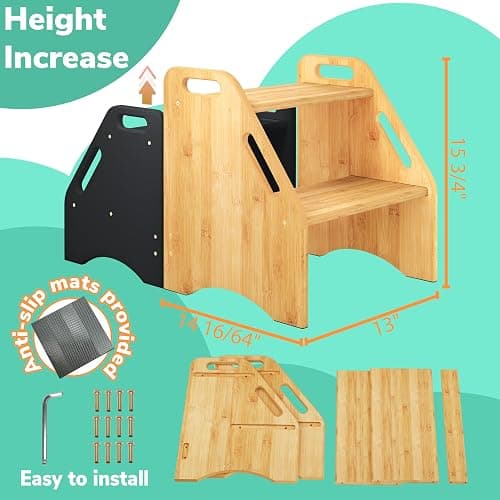 AMBIRD Wooden Step Stool, 15.75'' H Potty Training Toddler 300 lbs Capacity with Safety Non-Slip Pads and Handles, Kitchen Step Stools for Kids, Bamboo Step Stool for Bathroom, High Beds (Natural) thumbnail 2