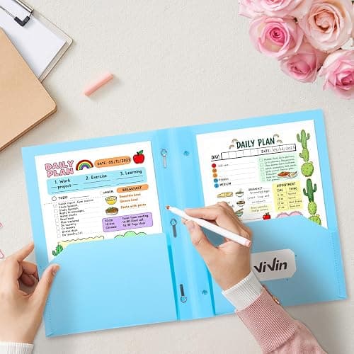 ViVin Sturdy Plastic Folder with Pockets,6 Pack,Heavy Duty Two Pocket 3 Prong Folders,Holds Letter Size Paper,File Folders with Business Card Slot for School Home and Office(Light Blue) thumbnail 2