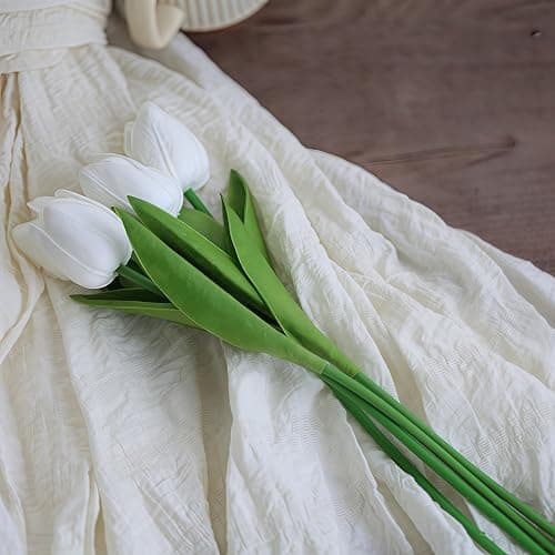 FUNZON 20 PCS Tulips Artificial Flowers, Real Touch Fake Flowers, White Artificial Tulips That Look Real Wedding Decorations Mother's Day Easter Gifts (20, White) thumbnail 5