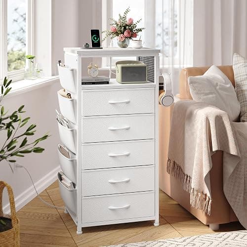 EnHomee Night Stand with 5 Drawers, Tall Nightstand with Charging Station and LED Light, Bedside Table with Extra Side Bag & Hooks, Bedroom, Closet, Hallway, Entryway, White thumbnail 4