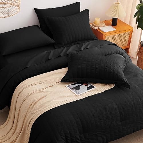 CozyLux Queen Comforter Set Black Seersucker 7 Pieces Bed in a Bag Queen Comforter Set with Sheets, Luxury Soft Bedding Set with Down Alternative Comforter, Sheets, Pillowcases & Shams for All Seasons thumbnail 4
