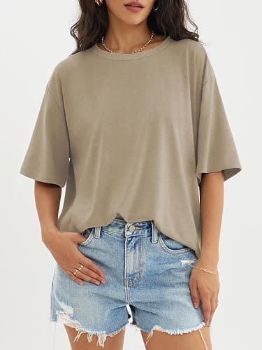 ATHMILE Womens Oversized T Shirts Loose Fit Crewneck Short Sleeve Tops Summer Casual Blouse Y2K 2025 Basic Tee Beach - Small - Khaki thumbnail 5