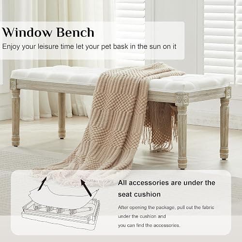 LOULENS 57.7" Linen Fabric End of Bed Bench, French Upholstered Button Tufted Bench for Bedroom End of Bed, Window Seat with Carved Wood Legs for Bedroom, Living Room, Entryway, White thumbnail 3