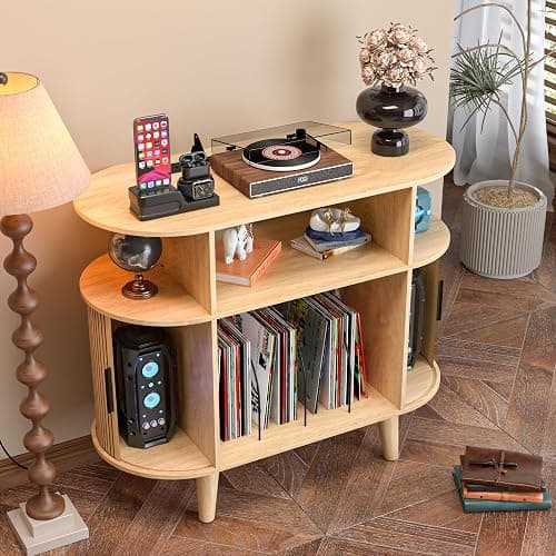 LUVIOHOME Large Round Record Player Stand with Charging Station & USB Ports，Record Storage Cabinet, Mid Century Modern Turntable Stand for Bedroom Living Room (Small Oak) thumbnail 6