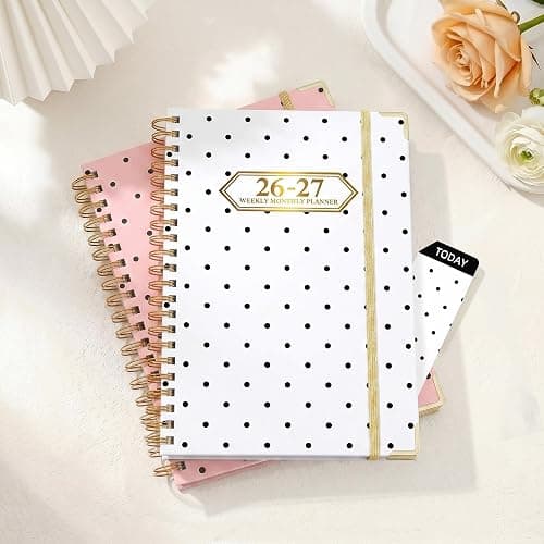 Knagsfa 2026-2027 Planner, Jul.2026-Jun.2027 Planner Weekly and Monthly 6.25"x8.5" with Page Tabs, Calendar Hardcover with Inner Pocket, Elastic Band, Twin-Wire Binding, Bookmark, White Dots thumbnail 2