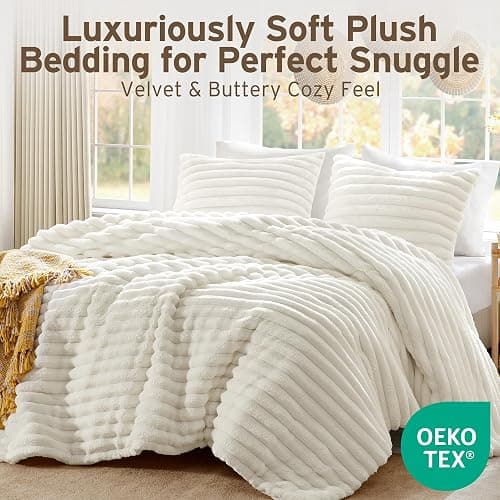 Intelligent Design Queen Comforter Set, Plush Bedding, Microfiber Reverse, 3 Piece, Lightweight, Super Soft Ribbed Velvet Comforter 2 Shams, All Season Fluffy Bed Set, Avril, Full/Queen Ivory thumbnail 2