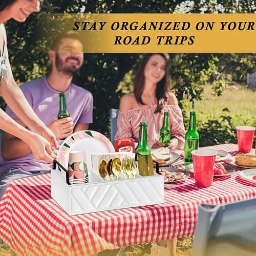 Ihdāt Paper Plate Dispenser, Paper Plate Holder for Kitchen Counter, Wood Rustic Silverware Utensil Caddy, Flatware Organizer with 6 Compartments- Plate Caddy for Picnic and Kitchen (White) thumbnail 2