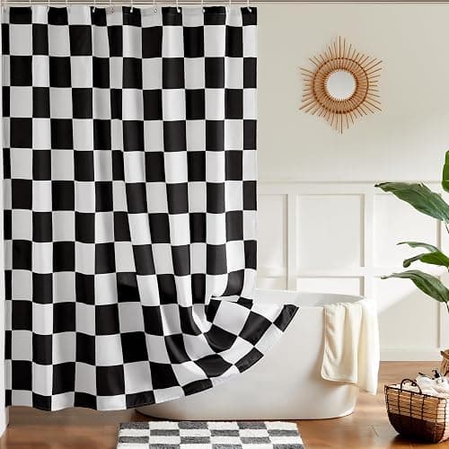 Ohocut Checkered Shower Curtain, Black and White Shower Curtains for Bathroom, Cute Retro Checkboard Shower Curtain Vintage Aesthetic, Washable Fabric Bath Curtain 72''x72'' thumbnail 2
