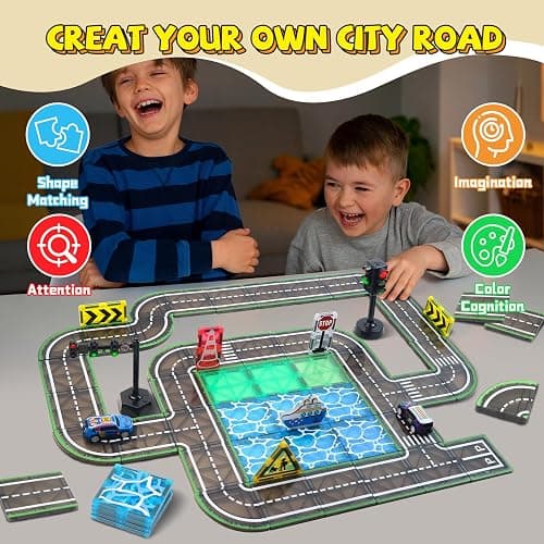 Magnetic Tiles Road Set with Pullback Car & Magnet Ship,Traffic Themed Magnetic Building Tiles Set with Traffic Light,STEM Magnet Tile for Kids Ages 3-5 4-8 5-7,Preschool Educational Kids Toys Gifts thumbnail 7