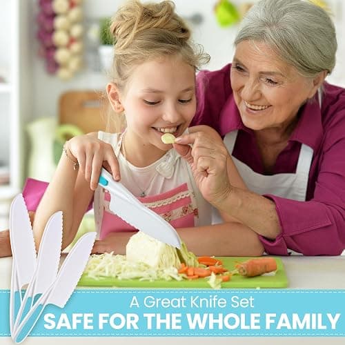 Zulay 3-Piece Kids Knife Set for Real Cooking & Baking - Toddler Knives for Cutting Fruits, Veggies, & Cake - Children’s Montessori Knife with Serrated Edges - Safe & Fun Lettuce Knife (Blue) thumbnail 7