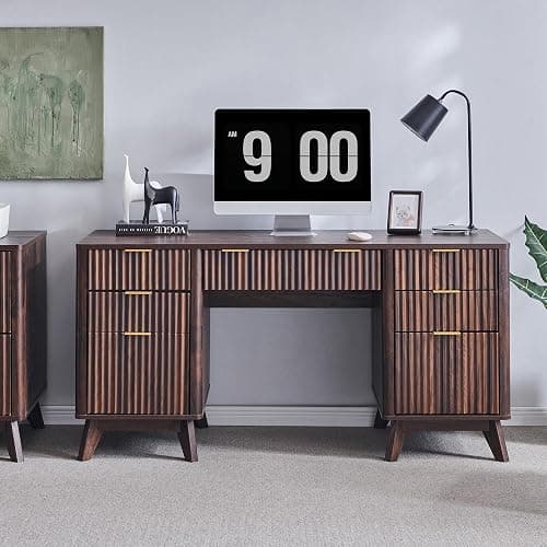 T4TREAM Fluted Executive Desk with Drawers, 60" Modern Home Office Computer Desk with Charging Station, File Cabinet, Keyboard Tray and Storage Cabinet for Study, Living Room, Bedroom, Dark Walnut thumbnail 7