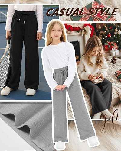 LessonZoo 3 Pack Girls' Sweatpants Wide Leg Drawstring Cargo Kids Joggers Open Bottom Loose Teen Pants with Pockets Sports thumbnail 5