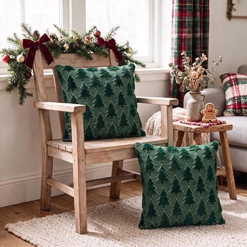 AVOIN colorlife Christmas Tree Green Throw Pillow Covers 18x18 Inch 2PC | Gold Border Christmas Tree Festivals Winter Soft Plush Faux Fur Cushion Case Decoration for Sofa Couch Set of 2 thumbnail 4