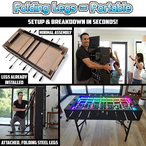 PartyLife 48" Foosball Table w/Folding Steel Legs & Optional LED Lights, Smooth Surface, Very Sturdy - Perfect for Kids and Adults, Game Rooms & Home Arcade! thumbnail 3