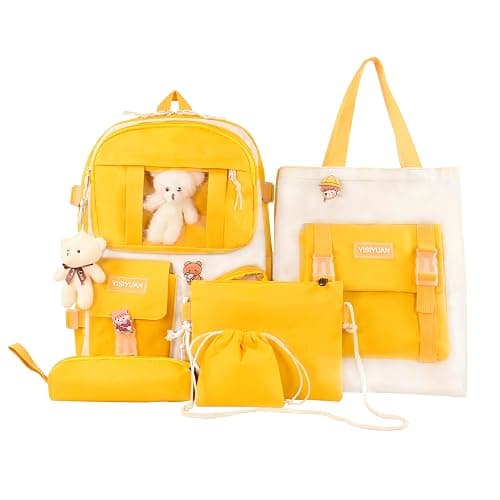Lifelix Kawaii Backpack for Girls 5 Pcs School Bookbag Cuet Kids Schoolbag with Accessories Crossbody Bags Pencil Case Handbag Coin Purse (Yellow) - Image 1