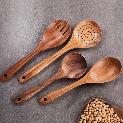 Wooden Kitchen Utensils Set,GUDAMAYE 9 PCE Natural Teak Wooden Spoons For Non-stick Pan for Cooking, thumbnail 5