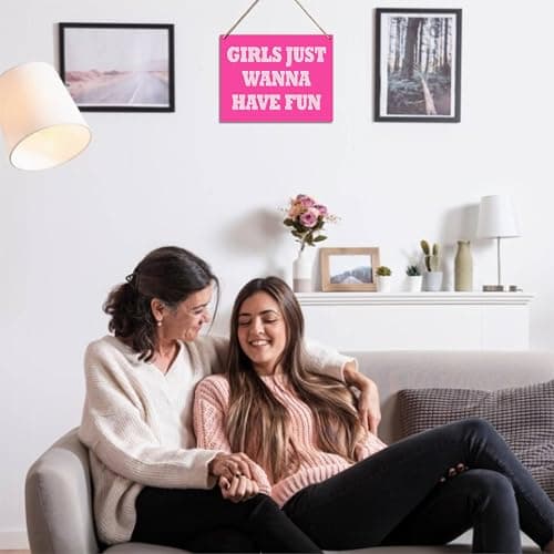 Girls Just Wanna Have Fun - 8"X10" Hanging Wooden Plaque - 1 Wood Sign & 1 Sisal Rope, Hot Pink Welcome Hanger For Girl's Room, Front Door, Home & Office Decorations - E08 thumbnail 2