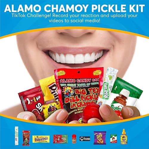 Chamoy Pickle Kit by CHRONOS 9 Piece Kit includes Alamo Big Tex Chamoy pickle, Skwinkles Watermelon Flavor, Lucas Gusano (tamarind), Lucas Polvos (chamoy), Tajin Packet, Fruit Roll Up, Tamarind Pulp Candy, Takis Fuego and Chronos Magnet thumbnail 5