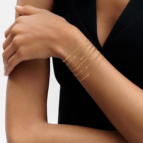 Tewiky Waterproof Gold Bracelets for Women Non Tarnish - Dainty Stack 14K Gold Plated/Sterling Silver Chain Bracelets Set Adjustable Trendy Jewelry for Women thumbnail 4