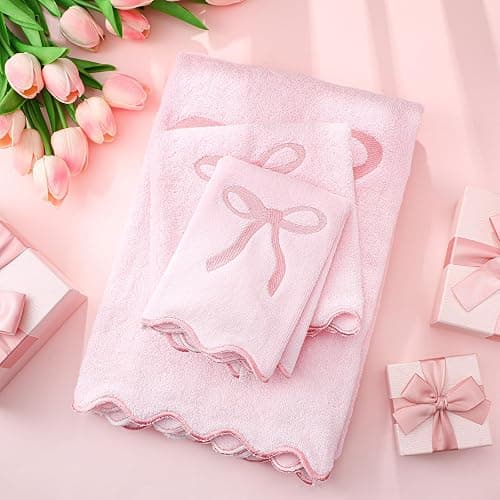 Fanfanwin 3 Pcs Pink Bow Bathroom Towel Set, Scalloped Coquette Fingertip Towels with Embroidery, 100% Cotton Absorbent Hand Towels for Bathroom, Kitchen, Wedding Gifts, Preppy Bath Decor thumbnail 6