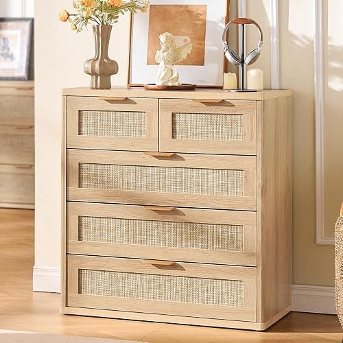 LEYAOYAO Rattan Dresser for Bedroom, 33.5" Tall Chest of Drawers, Modern 5 Drawers Boho Dressers with Storage, Light Oak Dresser Wooden Closet Organizer for Living Room, Hallway, Natural Wood thumbnail 6