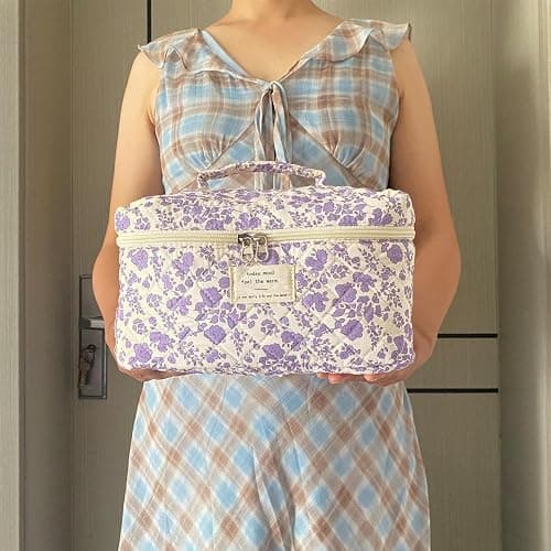 WYJ Purple Large Quilted Floral Makeup Bag Cute Soft Coquette Aesthetic Cosmetic Bag Cotton Travel Toiletry Bag for Women thumbnail 5