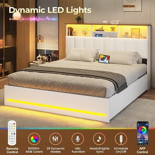 VIAGDO Full Size Bed Frame with Bookcase Headboard, Wooden Bed Frame Full Size with Charging Station, 4 Storage Drawers and LED Lights, with Type-C and USB, No Box Spring Needed, White thumbnail 5