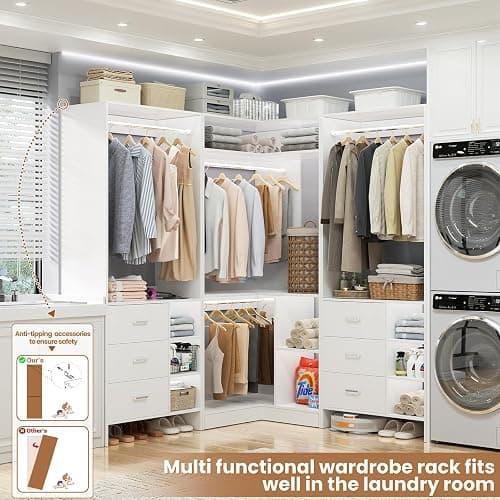 Aheaplus Closet System with 6 Drawers, 4 Hanging Rods & Corner Tower, Corner Closet System with Hanging, 92.6" L-Shaped Walk-In Wardrobe Organizer, 2000+ lbs Capacity, Set of 3, White thumbnail 6