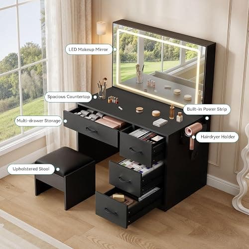 YITAHOME Makeup Vanity Set with LED Mirror & 3 Lighting Modes, 4-Drawer Vanity Table with Charging Station and Cushioned Stool for Dressing Room, Black thumbnail 3