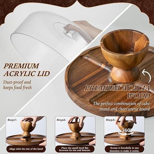 Fyctio Acacia Wood Cake Stand with Lid,12in Round Acrylic Cake Stand with Dome,2-In-1 Reversible Charcuterie Board with Lid,Large Wooden Baked Goods Display Holder,Perpare For Dessert,Cheese,Chips,Cookie thumbnail 5