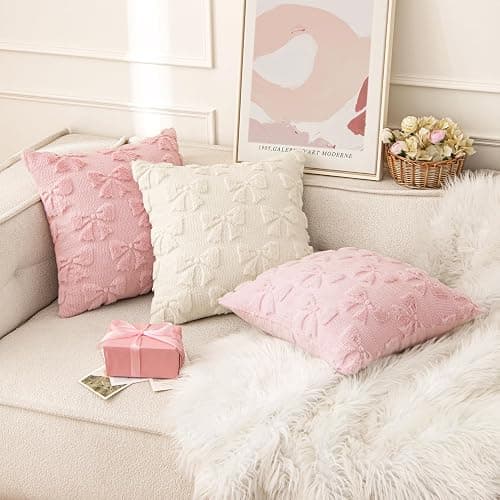 MIULEE Pink Bow Pillow Covers Coquette Room Decor 18x18 | Aesthetic Decorative Cute Girl,Set of 2 Cushion Covers,Soft Plush Faux Pillowcases,Preppy Room Decor Bedroom Couch thumbnail 2
