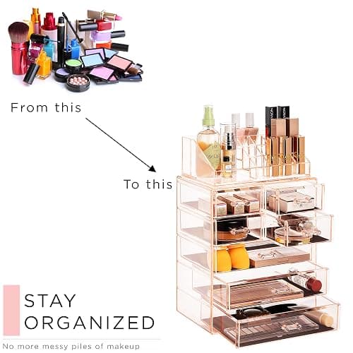 Sorbus Clear Cosmetic Makeup Organizer - Make Up & Jewelry Storage, Case & Display - Spacious Design - Great Holder for Dresser, Bathroom, Vanity & Countertop (3 Large, 4 Small Drawers) [Pink] thumbnail 7