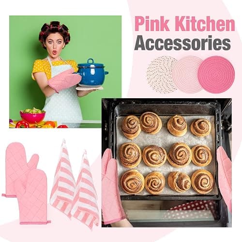 Zubebe Pink Oven Mitts and Pot Holders with Kitchen Towels Set of 7, Valentine's Day Gift for Women Heat Resistant Oven Gloves Kitchen Hand Towels Hot Pads for Cooking Baking(Plaid) thumbnail 6