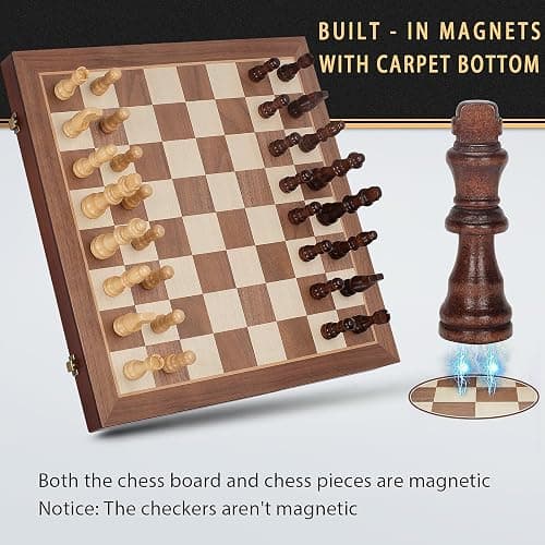 2 in 1 Magnetic Wooden Chess and Checkers Board Game Set, 15" Folding Chess Boards with 2 Extra Queens, Portable Travel Chess Sets with Pieces Storage Slots, Beginner Chess Game Set for Kids, Adults thumbnail 5