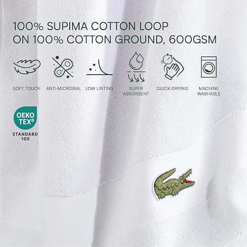 Lacoste Sport Stripe 6-Piece Luxury Cotton Towel Set – Made with 100% Soft Supima Cotton, Absorbent & Quick-Drying, Includes 2 Bath Towels, 2 Hand Towels, 2 Washcloths, White thumbnail 9