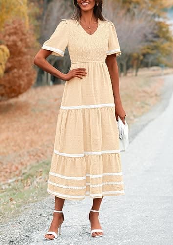 PRETTYGARDEN Women's Casual Summer Maxi Dress Short Sleeve Swiss Dot V Neck Smocked Long Flowy Beach Dresses thumbnail 8