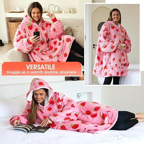 Cootway Heated Wearable Blanket Hoodie, 3 Heat Level Oversized Strawberry Blanket Hoodie for Women Without Battery Pack, Cozy Warm Sweatshirt Blanket, USB Heating Hooded Blanket w/Sleeves&Giant Pocket thumbnail 7