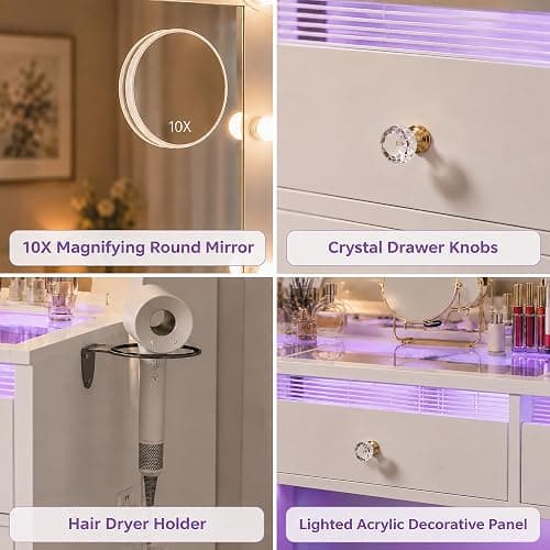 IFSEB Makeup Vanity Desk with Lights, White Vanity Glass Top, 36.9'' Mirror | 9 Drawers, 3 Color Bulbs, RGB Lighting, Charging Station, 10X Magnifying Mirror, Crystal Knobs, Hair Dryer Rack, Fir Wood thumbnail 8