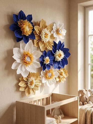 Mybbshower Crepe Paper Flower for Wall Paper Pom Pom Decor Girls Birthday Party Backdrop Baby Shower Nursery Decoration Pack of 9 (Navy Blue Gold) thumbnail 4