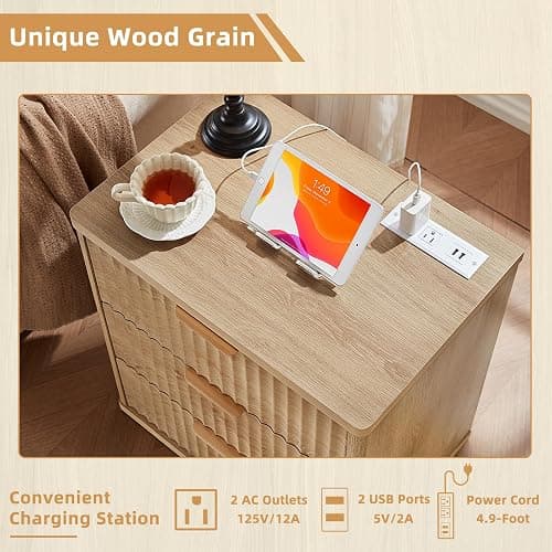 LEYAOYAO 23" Wide Fluted Farmhouse Night Stand Set of 2 with Charging Station, 3 Drawers Large End Table w/Metal Handle, Natural Nightstand Bedside Table,Wood Dresser for Bedroom, Closet thumbnail 9