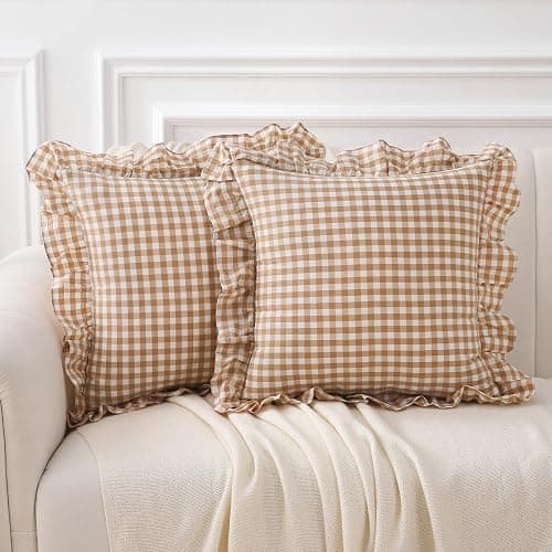 K MASANIJI 2 Pack Taupe White Plaid Ruffle Gingham Throw Pillow Covers, 100% Washed Cotton Checkered Fall Decorative Farmhouse Pillow Shams - 18''x18'' - Image 1