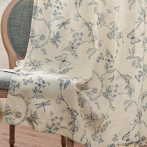 Lazzzy Blue Floral Curtains 84 Inch Length Linen Farmhouse Curtain Back Tab Drapes for Living Room Bedroom Light Filtering Vintage Rod Pocket Curtains, 2 Panels, Blue on Beige thumbnail 10