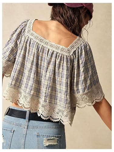 SHENHE Women's Plaid Blouse Crochet Lace Square Neck Cottagecore Crop Top | Boho, Short Sleeve, Vacation Outfits, Loose FIt, Oversized, Peplum Top thumbnail 3