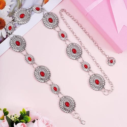 Topbuti Western Metal Oval Concho Chain Belt for Women Cowgirl Turquoise Waist Chain Belt for Dresses Jeans Western thumbnail 4
