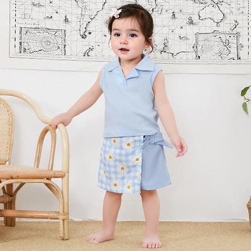 Madjtlqy Toddler Baby Girls Summer Outfit Sleeveless Ribbed Collared Tank Tops + Floral Skirt Shorts Set Kids Cute Clothes thumbnail 2