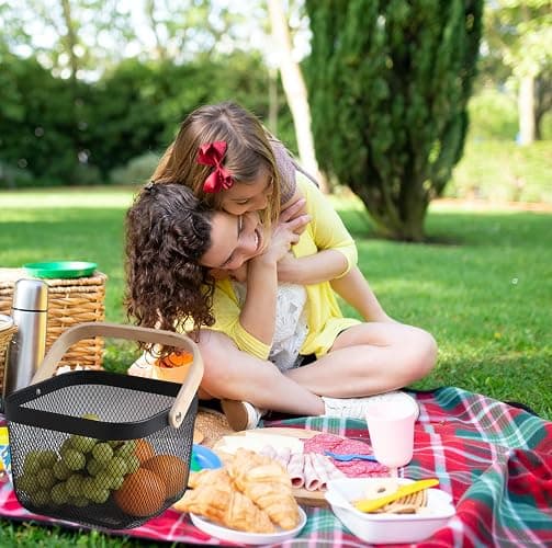 Cheardia 2 Pack Picnic Baskets, Metal Mesh Harvest Basket with Foldable Wooden Handle, Rectangle Garden Storage Basket Bin for Vegetable Fruit Garden Kitchen Cabinet Picking Gathering thumbnail 7