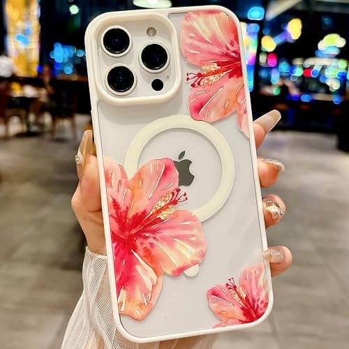 HYUEKOKO Magnetic for iPhone 15 Case [Compatible with MagSafe] Cute Trendy Hibiscus Flower Pattern Design for Summer Hawaiian, Translucent Shockproof Protective Case for Girls Women-White thumbnail 2