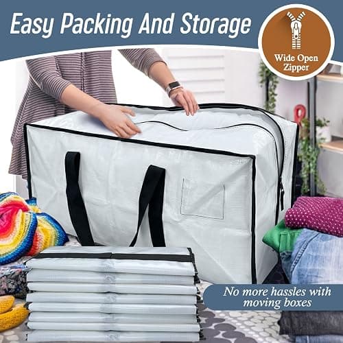 6 Pack Extra Heavy Duty Large Moving Bags with Strong Zipper & Comfortable Handles, Sturdy & Durable Clothes Storage Bags Totes Bins, Packing Moving Boxes for College Supplies, White thumbnail 5